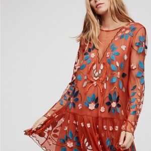 Free People Hearts Are Wild Embroidered Mini Dress Tunic Long Sleeve Boho XS